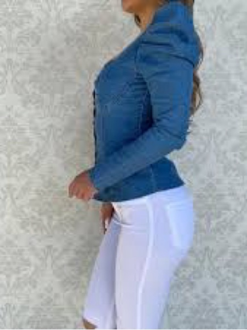 SHEIN Light Blue Denim Button-Front Puff Sleeve Top - Picture 3 of 10